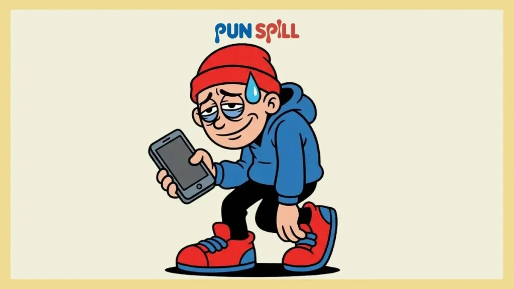 An exhausted cartoon character holding a blank smartphone with a dramatic sweat drop falling, representing the relatable TFW meaning in internet slang.