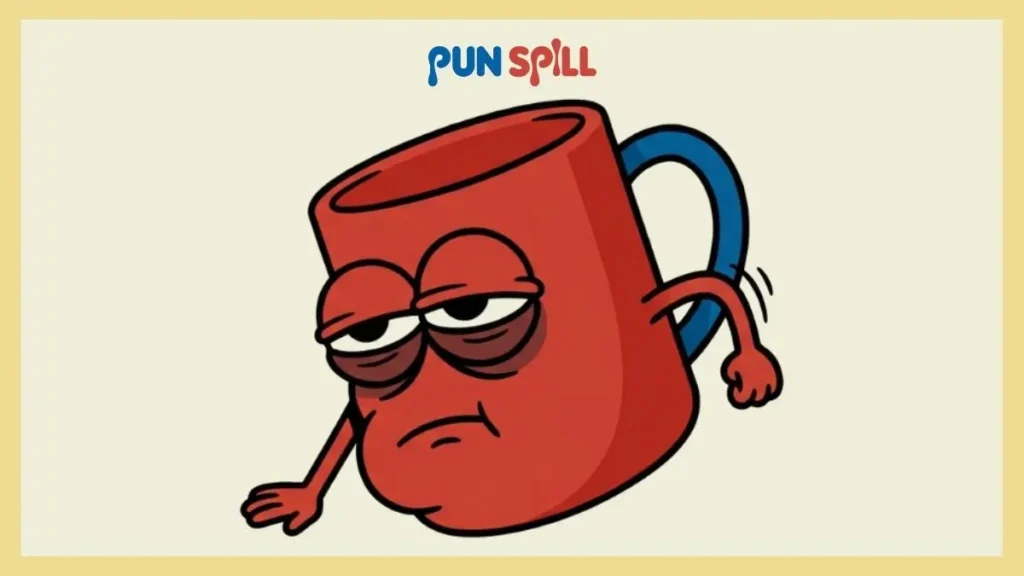 A deeply exhausted coffee mug dragging itself across the floor, representing sarcastic classroom humor for teachers.