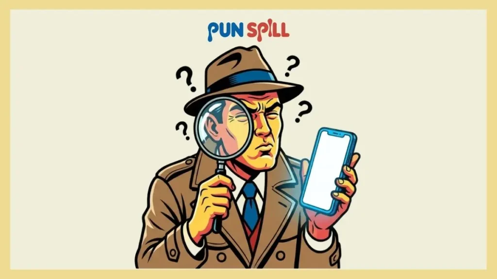 A retro cartoon detective squinting through a magnifying glass at a blank smartphone screen to figure out what WYO means.