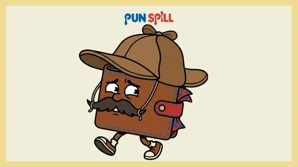 A sneaky cartoon wallet wearing a fake mustache disguise, representing jokes about losing your wallet.