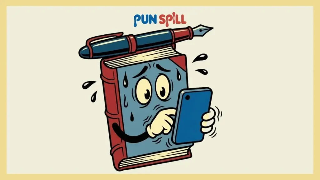 A stressed cartoon notebook balancing a pen, representing the struggle of finding clever writing puns.