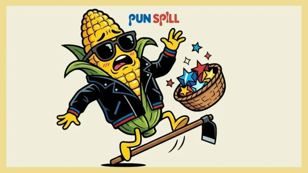 An anthropomorphic corn wearing a leather jacket trying to look cool but tripping, representing the meaning of aura farming slang.