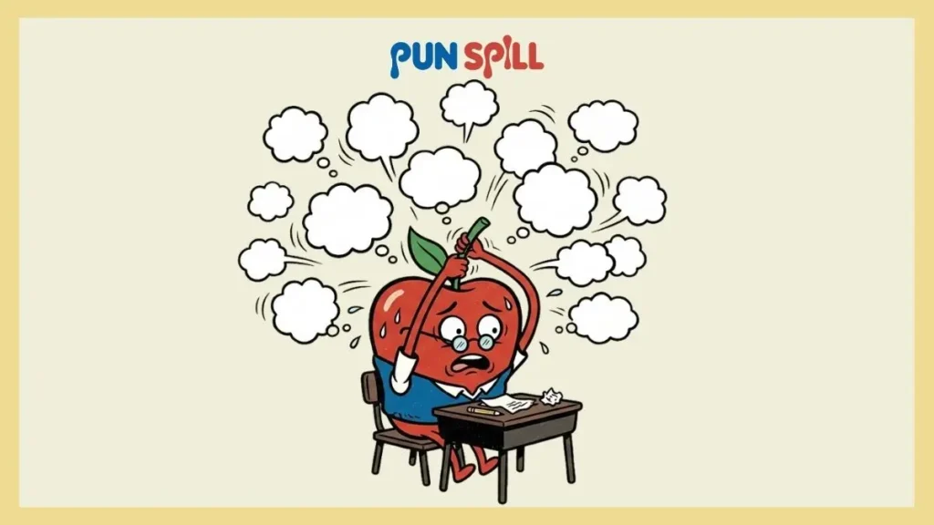 A stressed anthropomorphic apple representing a teacher losing its mind over the 67 meaning slang trend.