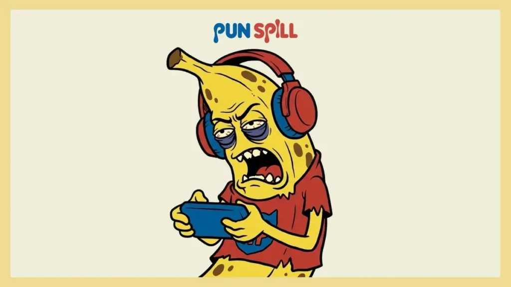 An exhausted cartoon banana wearing a gaming headset and holding a controller for banana group chat names.