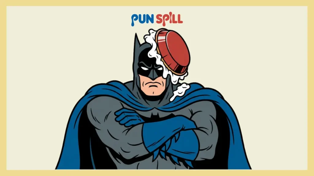 A grumpy superhero with a smashed pie on his face crossing his arms in defeat representing villain jokes.