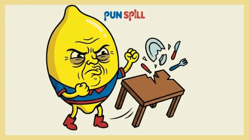 A furious sour lemon drop with a puckered face flipping a tiny table representing sour candy puns.