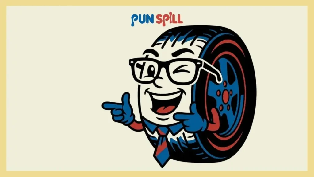 A cheesy anthropomorphic car tire wearing dad glasses and a necktie doing finger guns for car dad jokes.