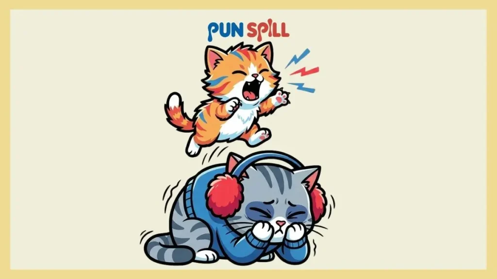 A hyperactive kitten shouting clean cat jokes while an exhausted older cat wears earmuffs to block the noise.