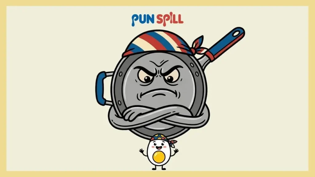 An irritated frying pan glaring at a happy egg for kitchen comeback puns.