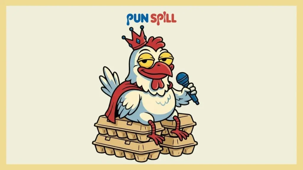 A smug cartoon chicken wearing a crown and sitting on an egg carton throne, representing hilarious chicken puns.