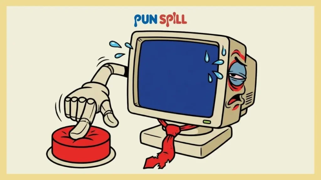 An exhausted cartoon desktop computer aggressively slamming a giant factory reset button to represent hilarious computer jokes.