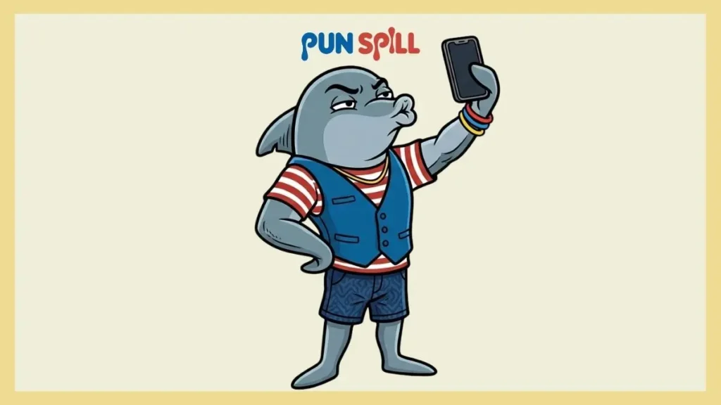 A cartoon dolphin making an exaggerated kissing face while taking a selfie with a blank smartphone for an Instagram caption.