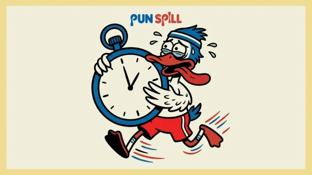 An exhausted duck sprinting while holding a blank stopwatch to represent short duck puns.