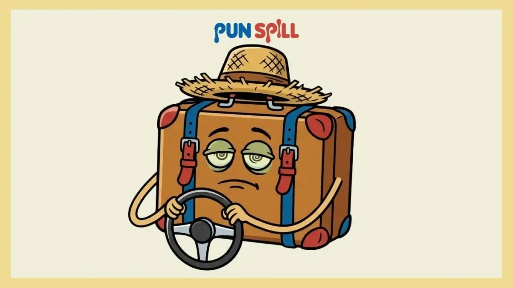 An anthropomorphic suitcase wearing a straw hat looking extremely bored and motion-sick while holding a steering wheel.