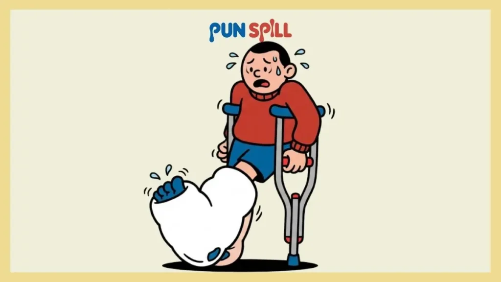 An anthropomorphic foot stuck in a massive cast looking panicked to represent broken foot puns.