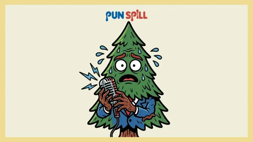 A nervous anthropomorphic tree bombing a stand-up comedy set, representing hilarious forest puns.