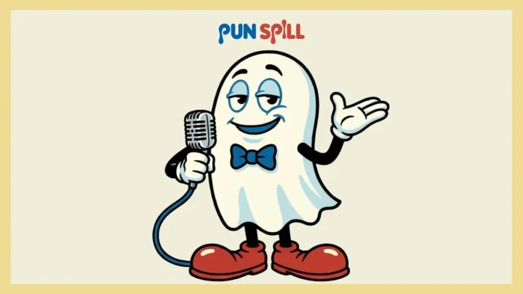 A smug cartoon ghost performing stand-up comedy with a blank microphone, representing short ghost one-liners.