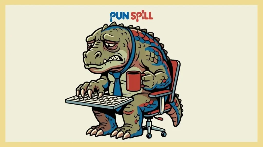 A stressed out monster squeezed into an office chair mashing a keyboard for Godzilla work puns.