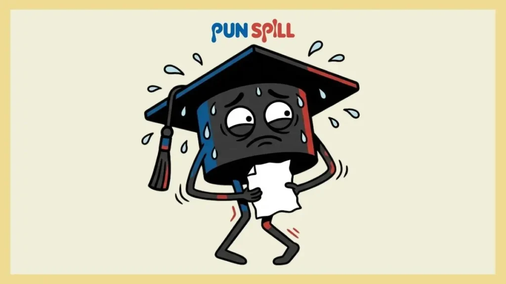A sweating, nervous graduation cap hiding a blank report card behind its back, representing funny graduation puns to hide your GPA.