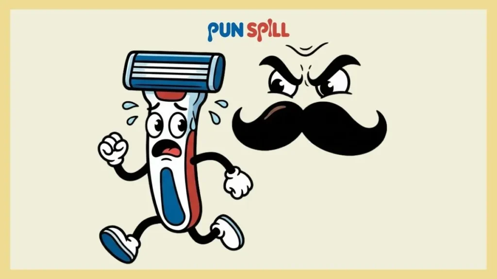 A terrified razor character running away from a giant aggressive mustache.