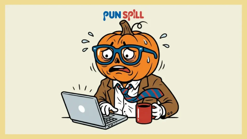 A stressed out pumpkin wearing a corporate necktie and staring at a blank screen, representing office-appropriate Halloween puns.