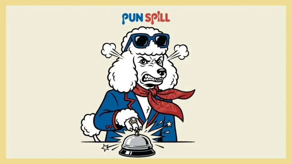 A demanding poodle wearing sunglasses ringing a front desk bell for pet-friendly hotel puns.