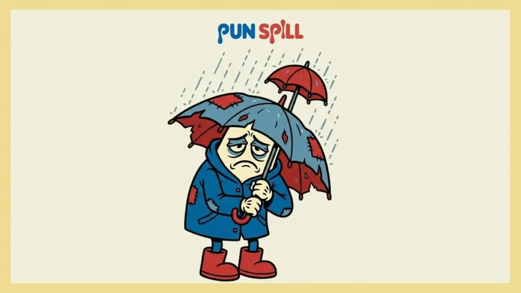 An exhausted umbrella holding a tiny umbrella, depicting funny jokes about raining.