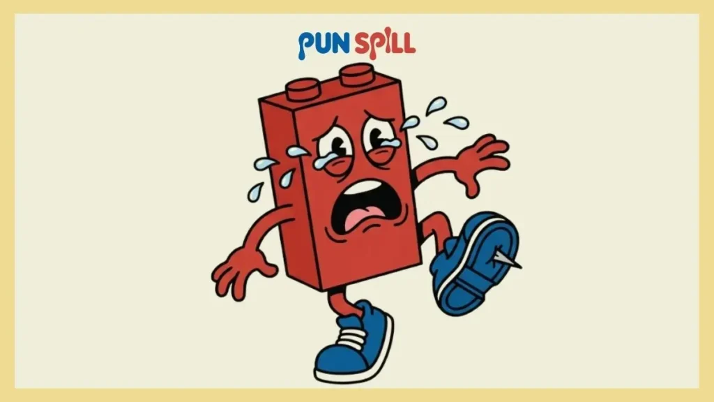 A red plastic building brick with cartoon limbs hopping in pain after stepping on something, illustrating funny LEGO puns.