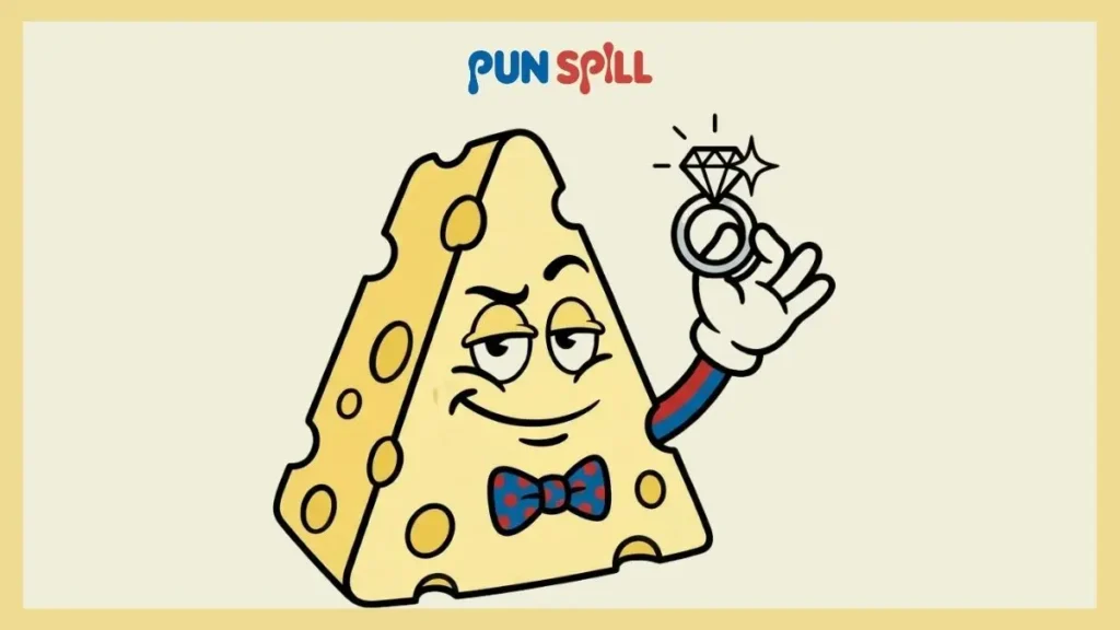 A wedge of cheese wearing a bow tie, looking incredibly smug while proudly holding up an engagement ring.