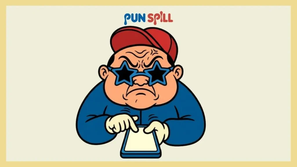 A grumpy character wearing oversized sunglasses while furiously tapping a blank phone to find MBN slang on social media.