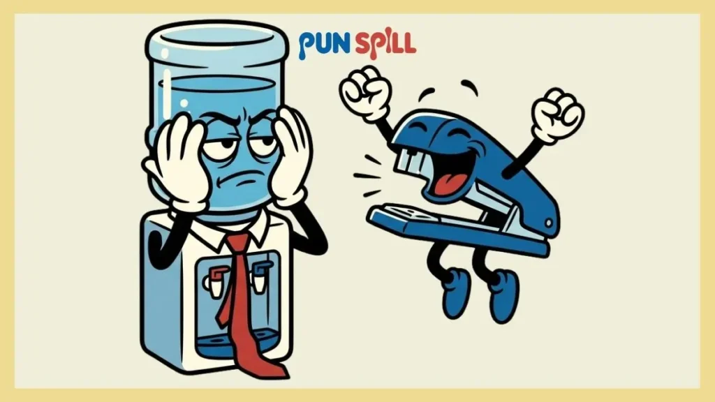 Workplace Monday pun graphic featuring a grumpy water cooler wearing a tie and ignoring a talking stapler.