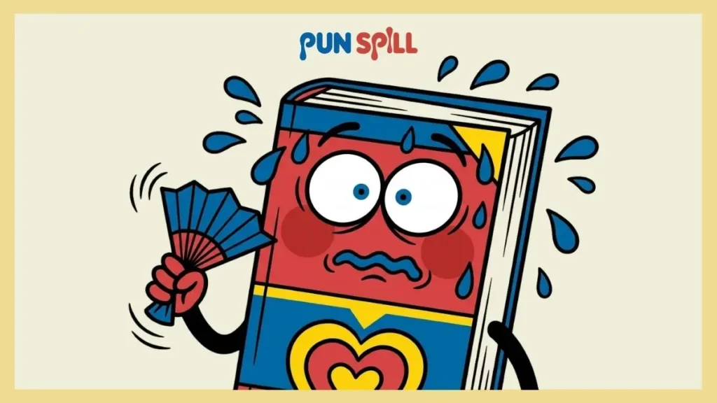 A blushing romance paperback aggressively fanning itself while sweating profusely.