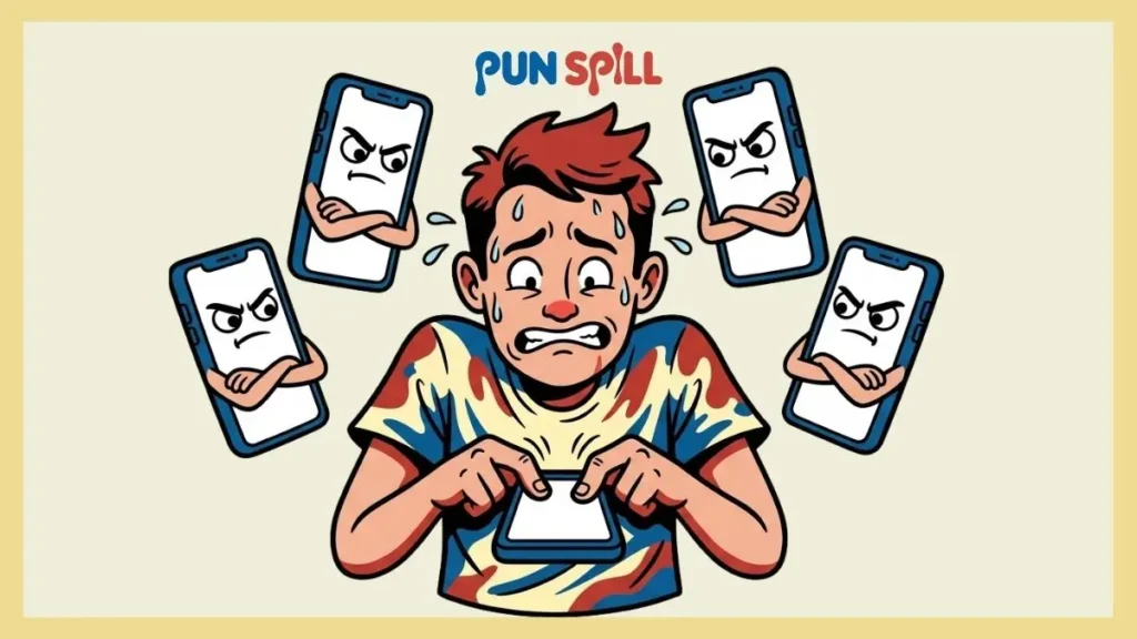 A panicked character texting on a blank phone while being judged by angry phone characters, depicting group chat POV meaning scenarios.