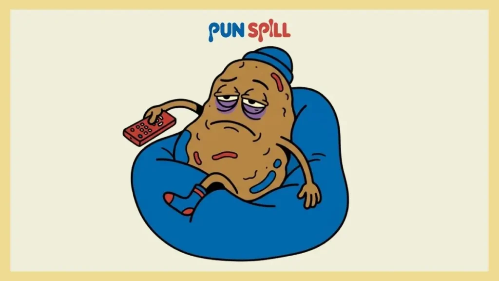 A lazy cartoon potato melting into a beanbag chair holding a television remote.