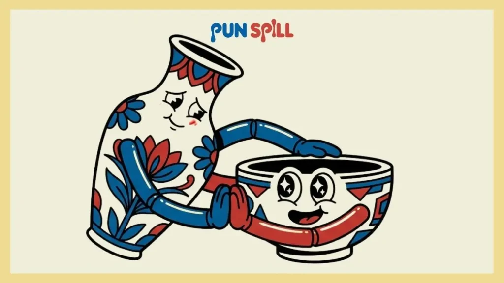 Two cute clay pots attempting to awkwardly hug each other