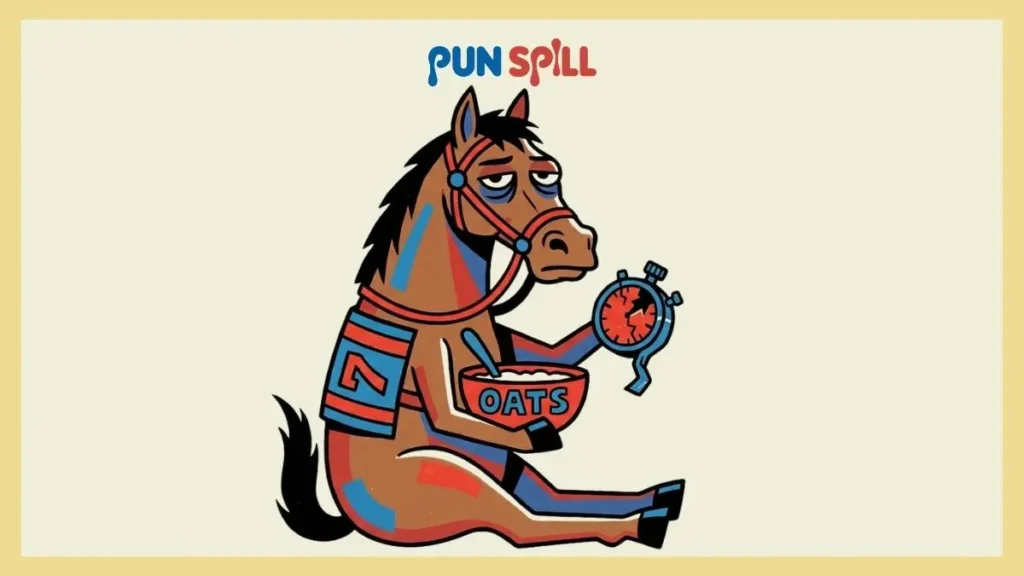An exhausted racehorse sitting down and eating from a bowl for horse racing jokes.