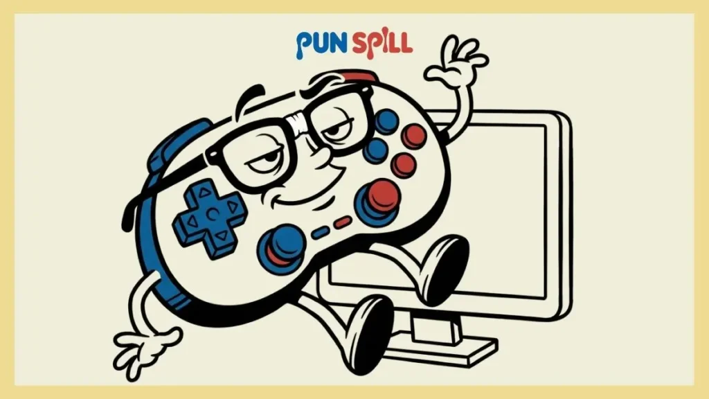 A smug video game controller with taped glasses awkwardly slipping while trying to lean against a monitor, representing nerdy rizz lines.