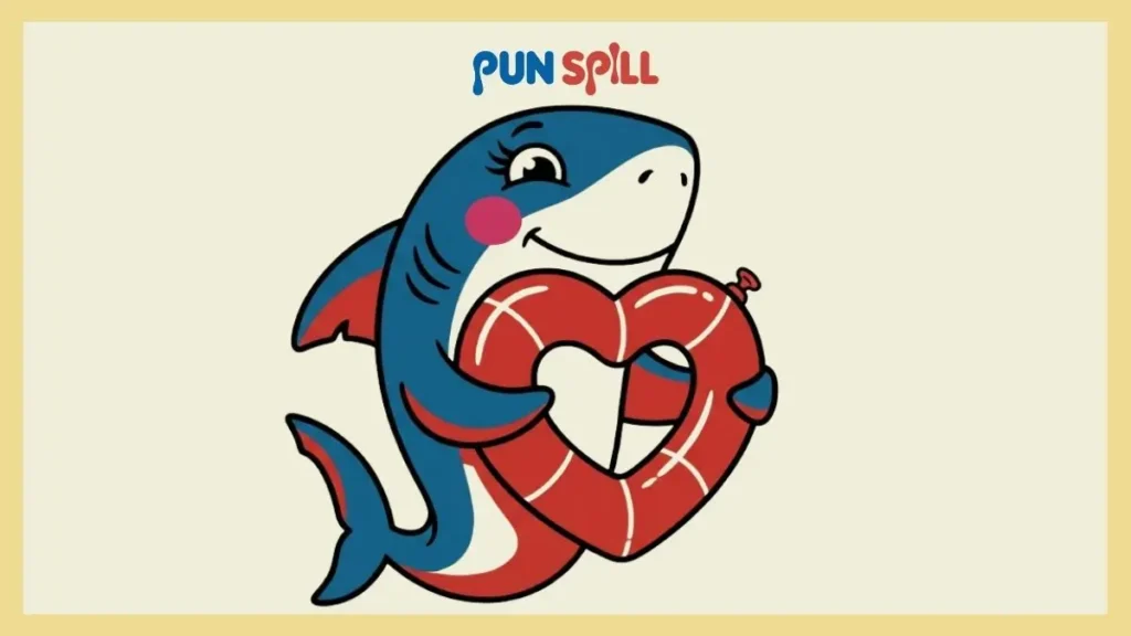 Cartoon shark holding a giant red heart for flirty shark puns and romantic wordplay.