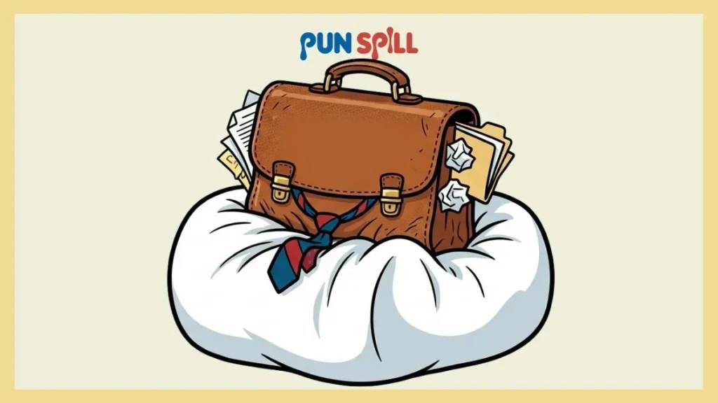 A stressed cartoon briefcase face-planting into a marshmallow for a nap, representing adulting and nap puns.