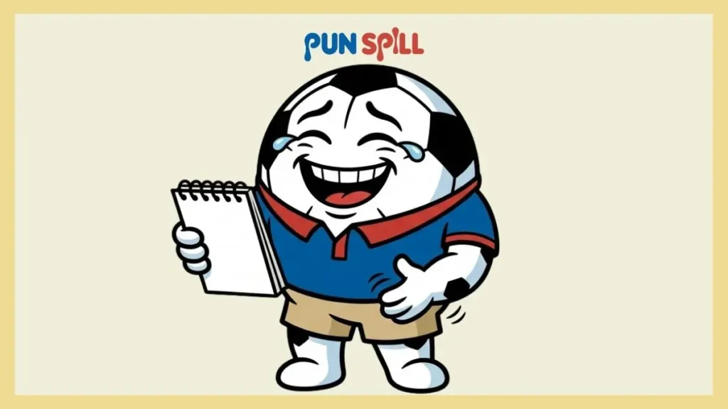 A dad-bod soccer ball laughing hysterically at its own jokes for clean kids soccer puns.