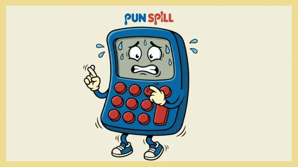 A sweating cartoon calculator staring in panic at its own blank screen, representing math teacher puns.