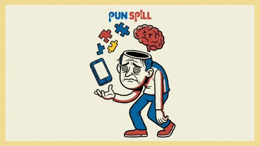 A cartoon character with an exploding brain juggling floating abstract puzzle pieces and a blank smartphone to understand the difference between WYO, WYD, and WYA.