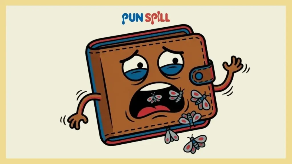 A stressed cartoon wallet holding its mouth open while moths fly out, representing funny wallet puns for being totally broke.