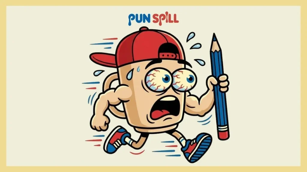 A frantic cartoon coffee cup sprinting with a pencil, symbolizing quick and short writing puns.