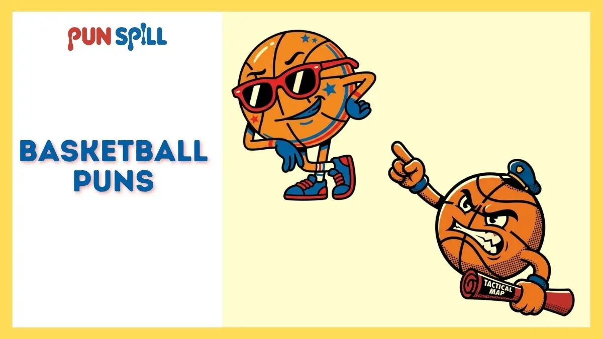 A funny cartoon basketball wearing a fierce captain hat holding a clipboard for a team names article.A stylish cartoon basketball striking a funny social media pose with sunglasses.