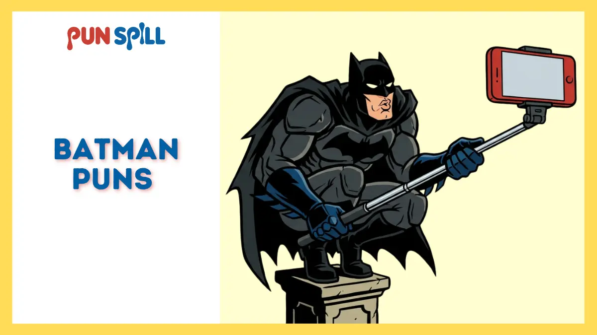 A brooding masked vigilante using a selfie stick and making a duck face with a blank smartphone.