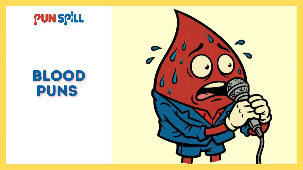 A nervous blood drop performing standup comedy representing funny blood puns