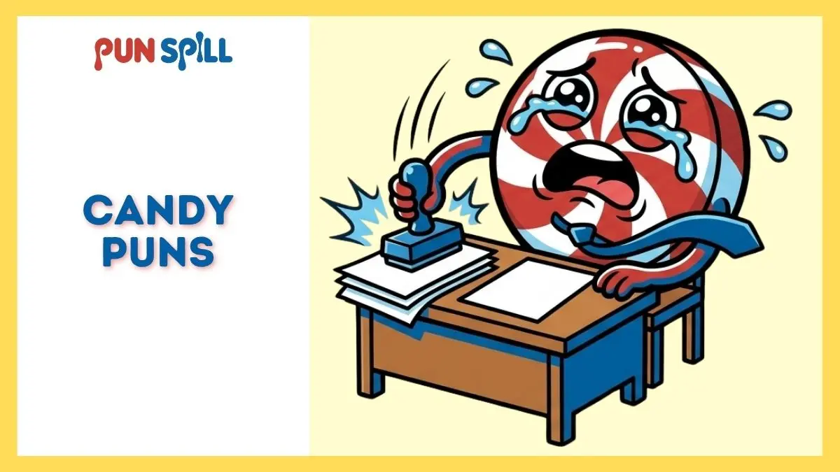 An exhausted peppermint candy wearing a tie and violently stamping papers for employee appreciation candy puns.