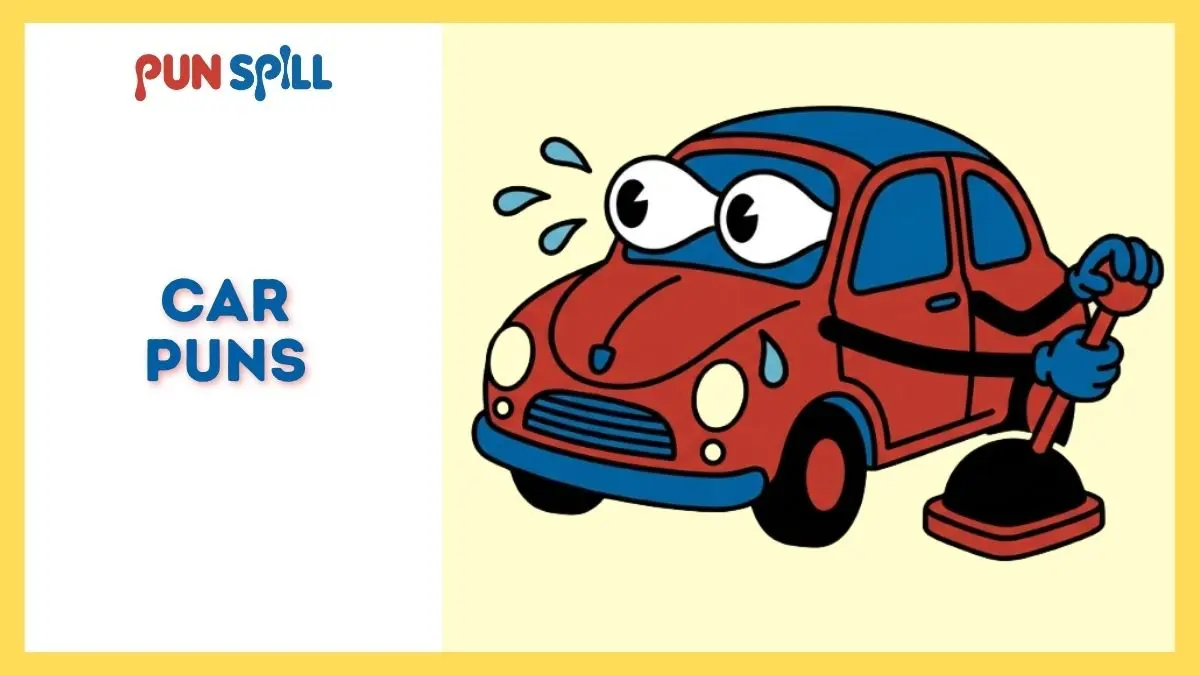 A stressed anthropomorphic red car shifting a giant gear stick with wide eyes, representing hilarious car puns.