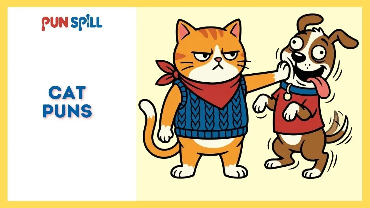 An annoyed cat pushing away an overly excited dog representing cat and dog puns for multi-pet households.